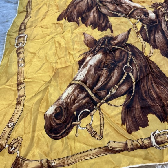 Vintage Equestrian Scarf Satin Twill Hand Painted Japan Horses Bits Bridles Belt - Picture 3 of 8